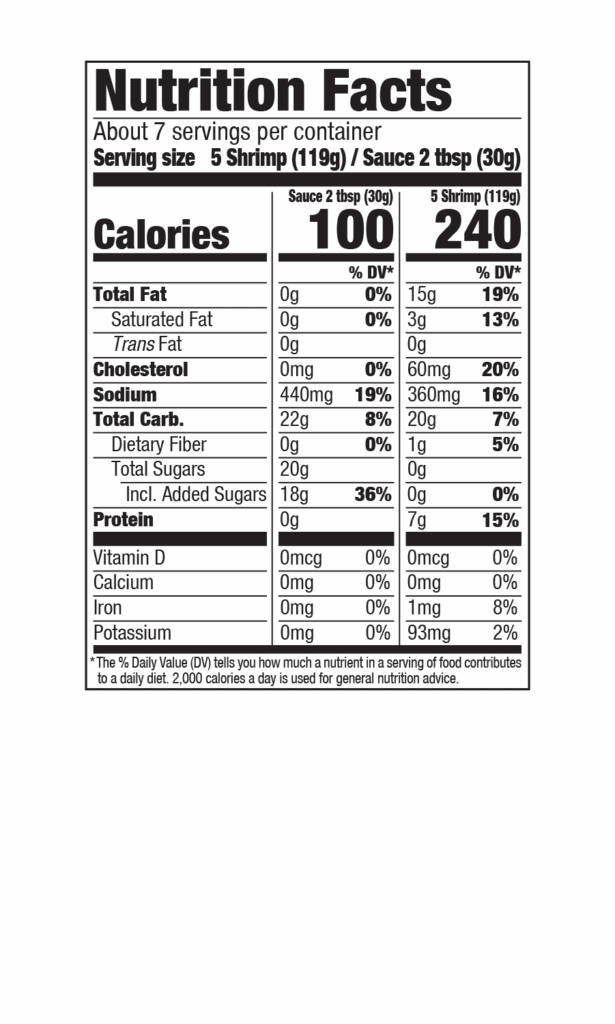 Nutrition Facts panel for Crispy Sweet & Spicy Shrimp 36oz