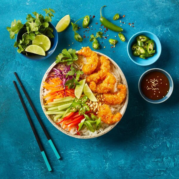 Zesty Noodle Bowl with shrimp and garnish