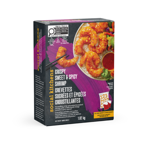 Angled view SWEET AND SPICY SHRIMP FRONT OF PACKAGE. Canadian version