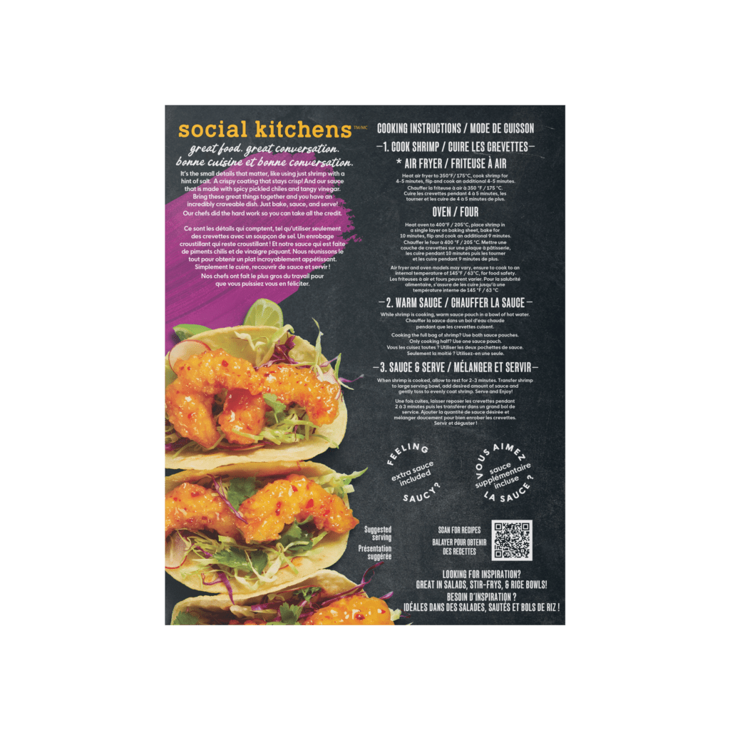 Back panel view of Social Kitchens Crispy Sweet & Spicy Shrimp (CREVĘTTES SUCRÉES ET ÉPICÉES CROUSTILLANTES) Canadian packaging
