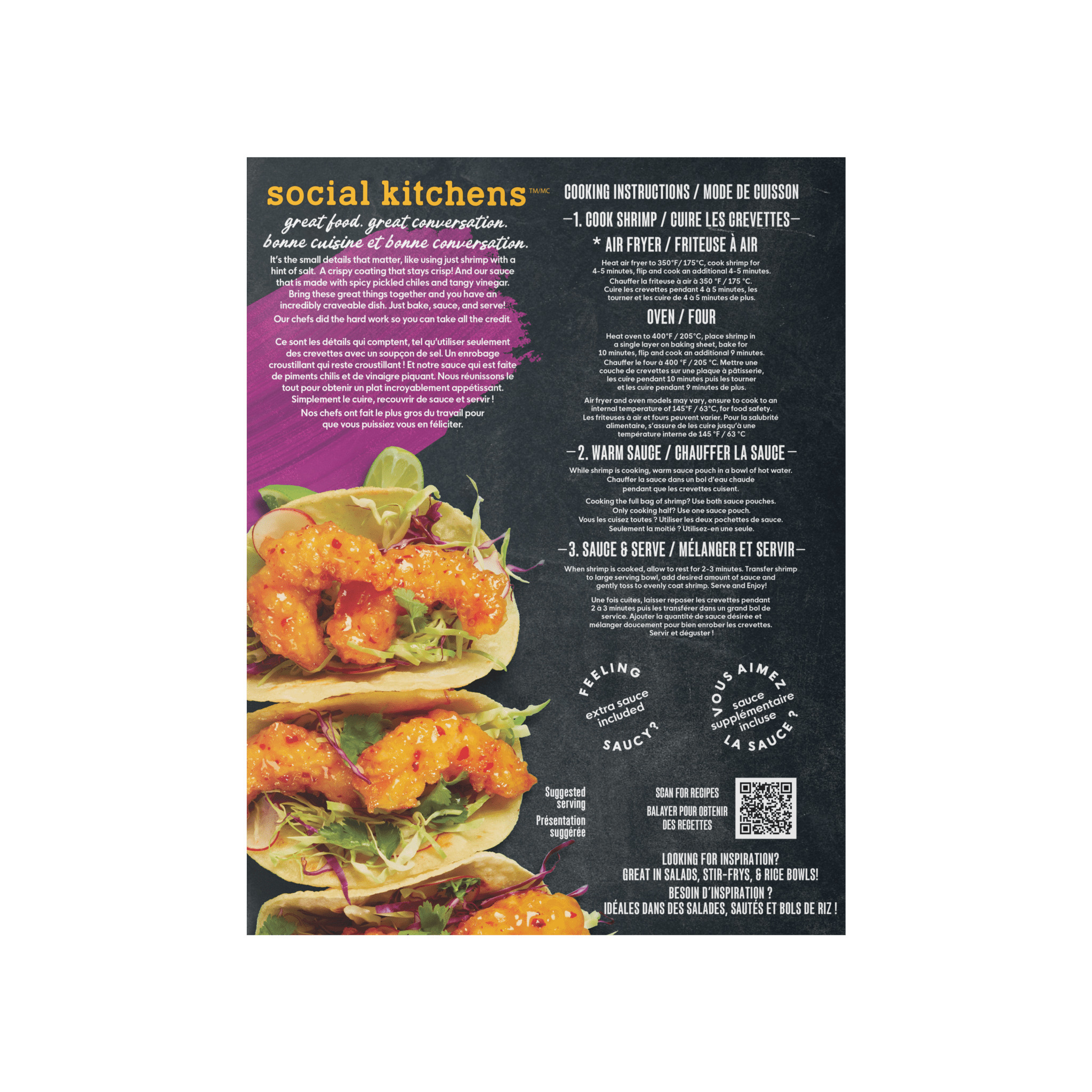 Back panel view of Social Kitchens Crispy Sweet & Spicy Shrimp (CREVĘTTES SUCRÉES ET ÉPICÉES CROUSTILLANTES) Canadian packaging