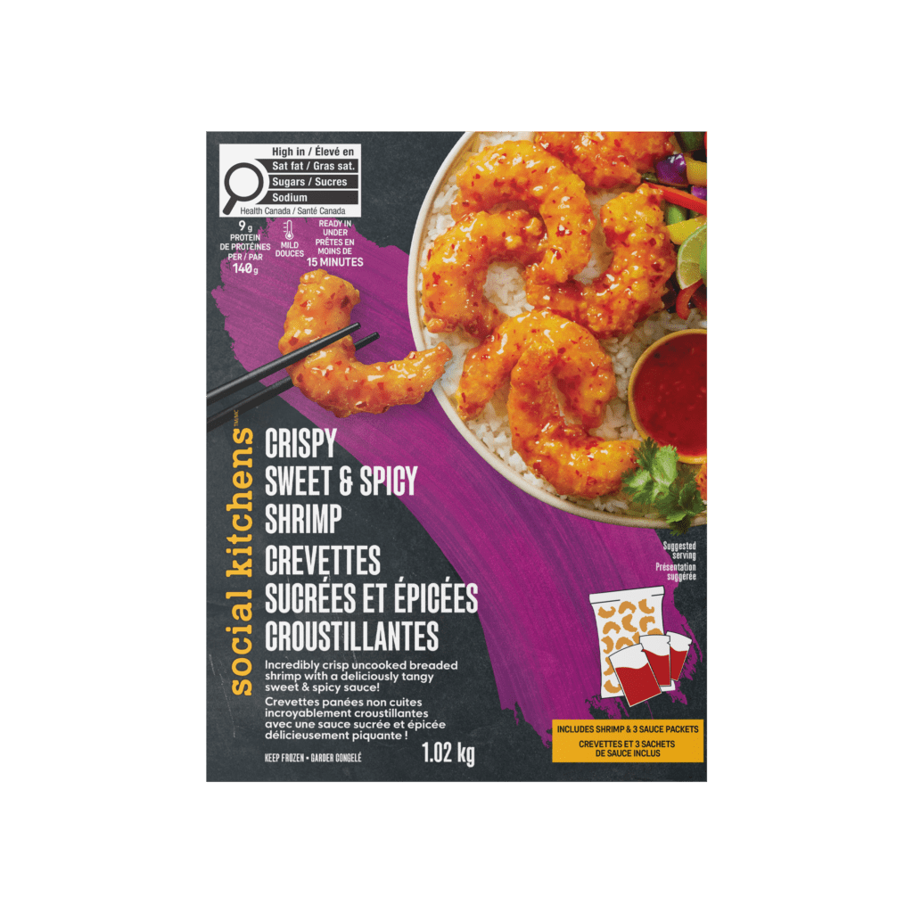 Front panel view of Social Kitchens Crispy Sweet & Spicy Shrimp (CREVĘTTES SUCRÉES ET ÉPICÉES CROUSTILLANTES) Canadian packaging