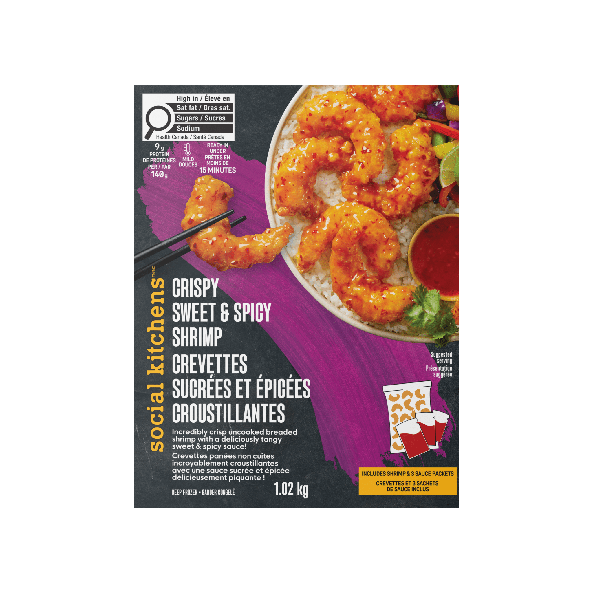 Front panel view of Social Kitchens Crispy Sweet & Spicy Shrimp (CREVĘTTES SUCRÉES ET ÉPICÉES CROUSTILLANTES) Canadian packaging
