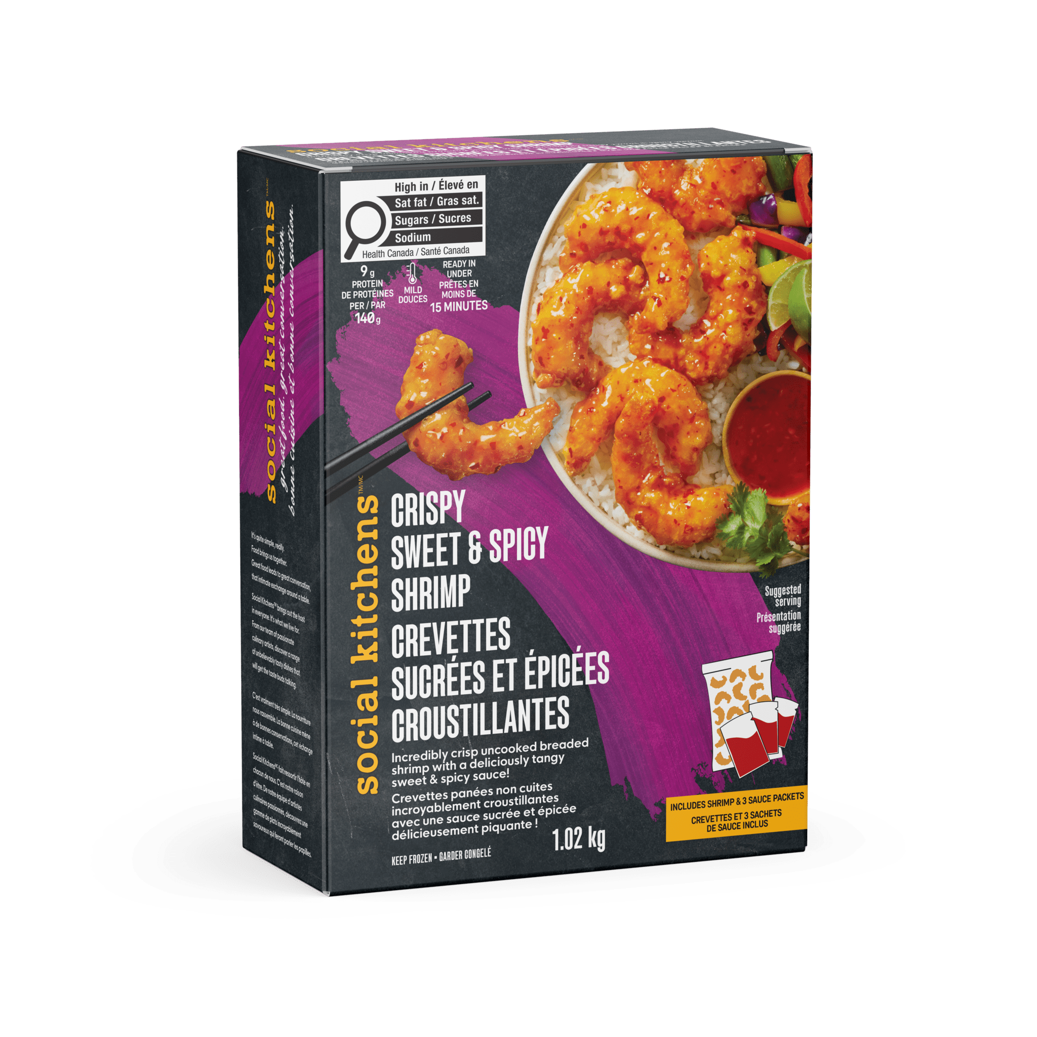 Front angled view of Social Kitchens Crispy Sweet & Spicy Shrimp (CREVĘTTES SUCRÉES ET ÉPICÉES CROUSTILLANTES) Canadian packaging