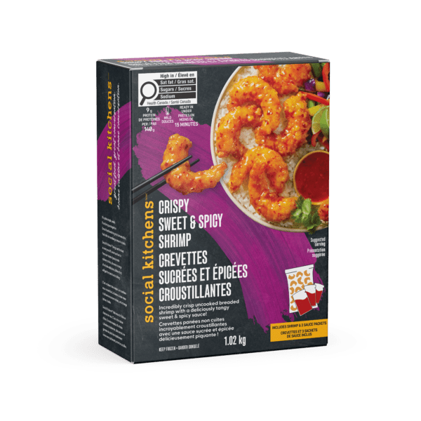Front angled view of Social Kitchens Crispy Sweet & Spicy Shrimp (CREVĘTTES SUCRÉES ET ÉPICÉES CROUSTILLANTES) Canadian packaging