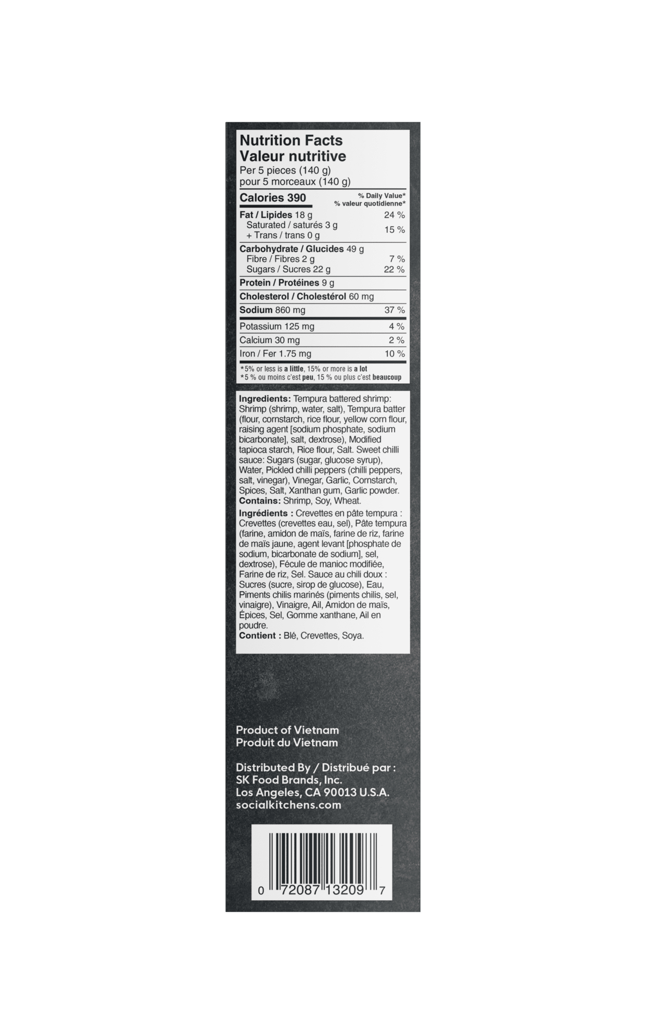 Side panel view of Social Kitchens Crispy Sweet & Spicy Shrimp (CREVĘTTES SUCRÉES ET ÉPICÉES CROUSTILLANTES) Canadian packaging