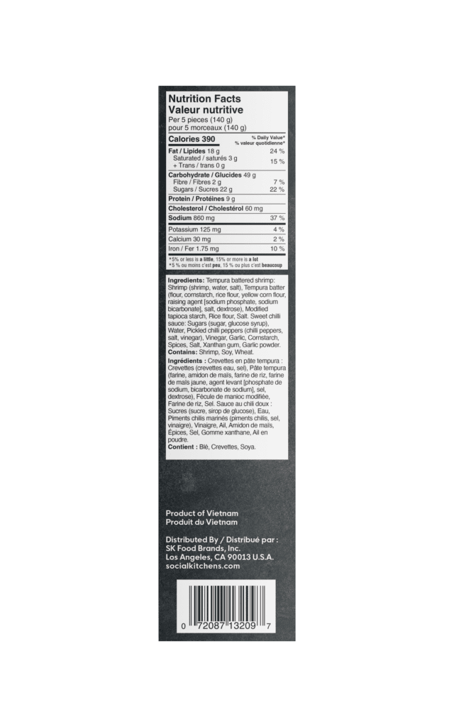 Side panel view of Social Kitchens Crispy Sweet & Spicy Shrimp (CREVĘTTES SUCRÉES ET ÉPICÉES CROUSTILLANTES) Canadian packaging