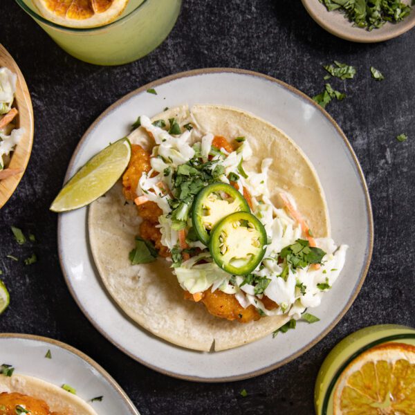 Overhead view of Jalapeno Lime Slaw on a taco.