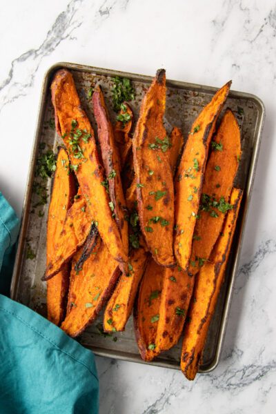 sheet pan with Crispy Sweet Potato Wedges