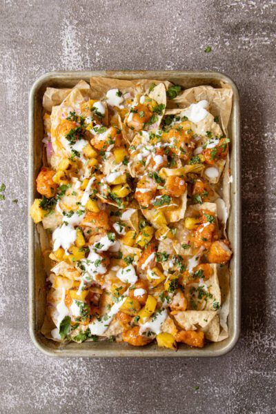 Social Kitchens Sweet & Spicy Shrimp Nachos on a sheet pan