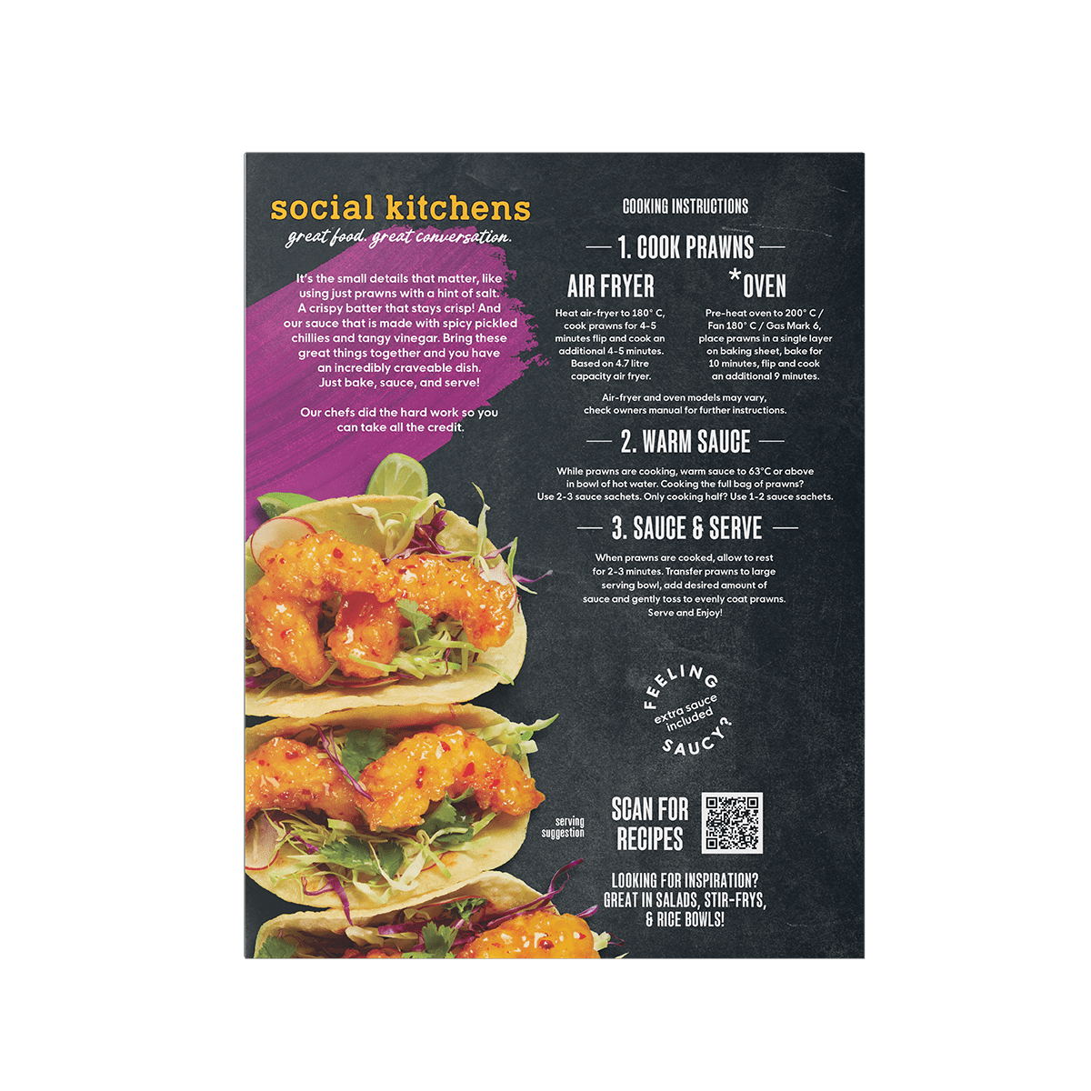 Back straight view of Social Kitchens Crispy Sweet Chilli King Prawns box packaging.