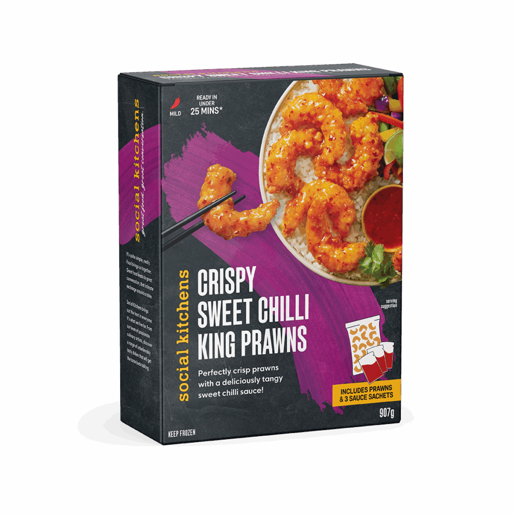 Front angled view of Social Kitchens Crispy Sweet Chilli King Prawns box packaging.