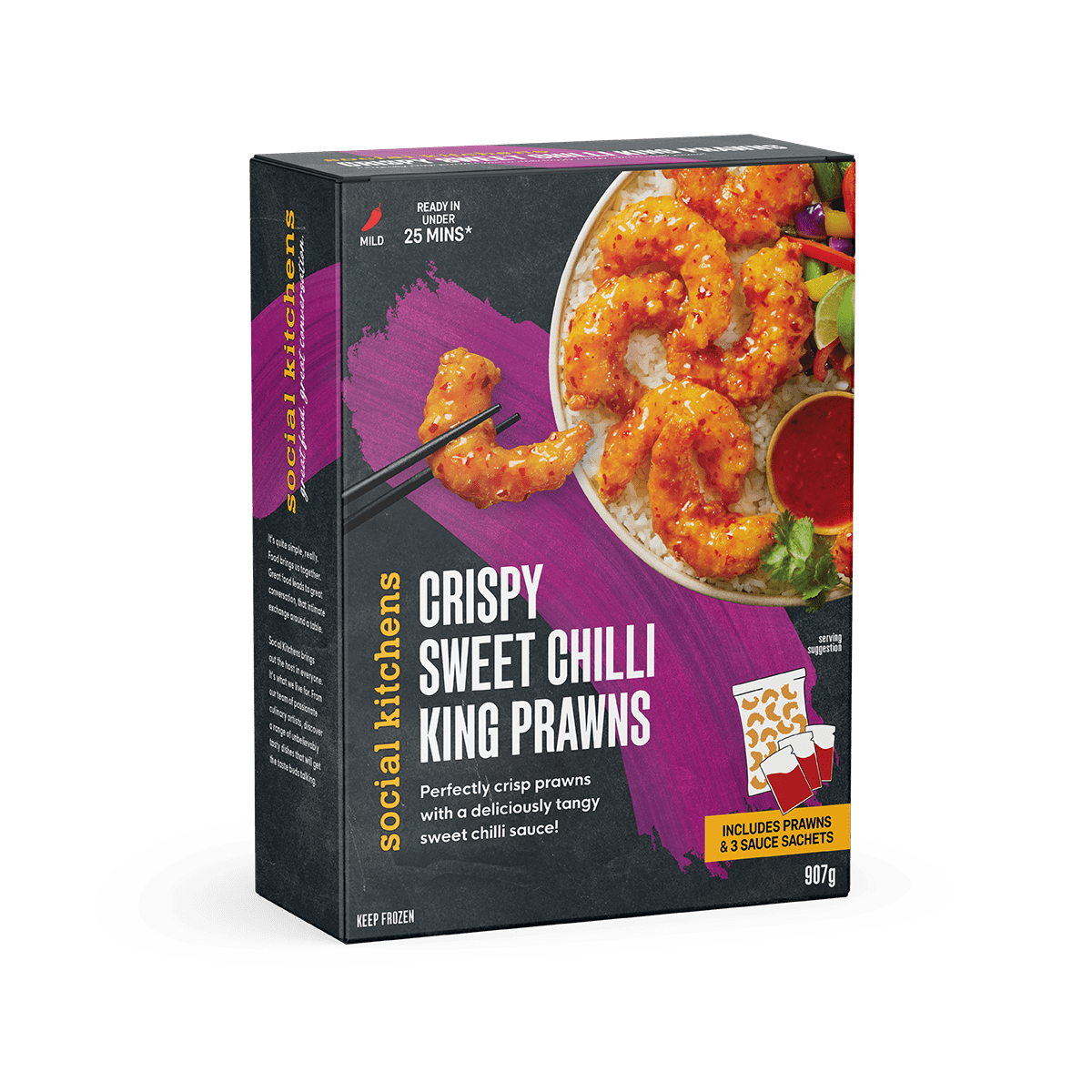 Front angled view of Social Kitchens Crispy Sweet Chilli King Prawns box packaging.