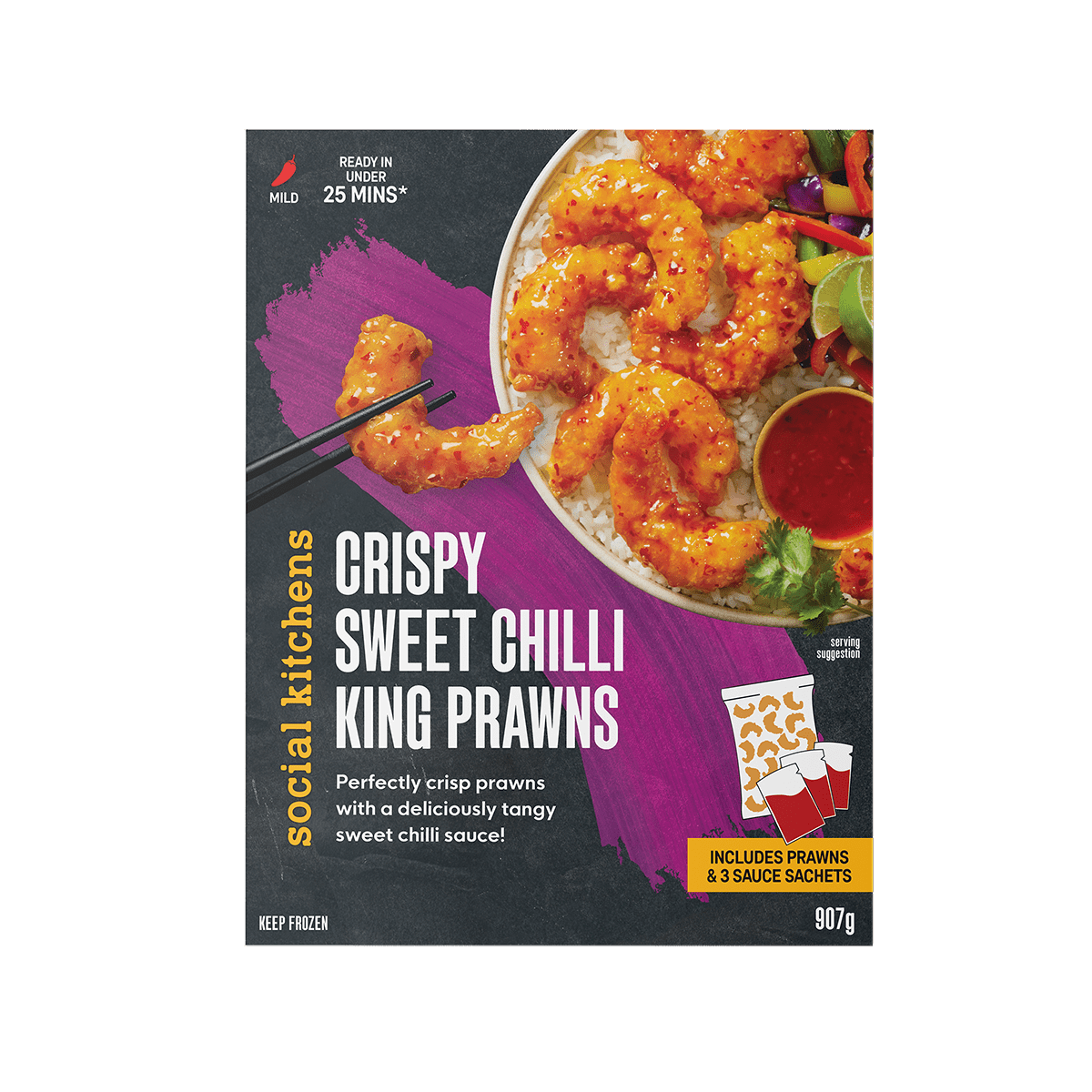 Straight on front view of Social Kitchens Crispy Sweet Chilli King Prawns box packaging.