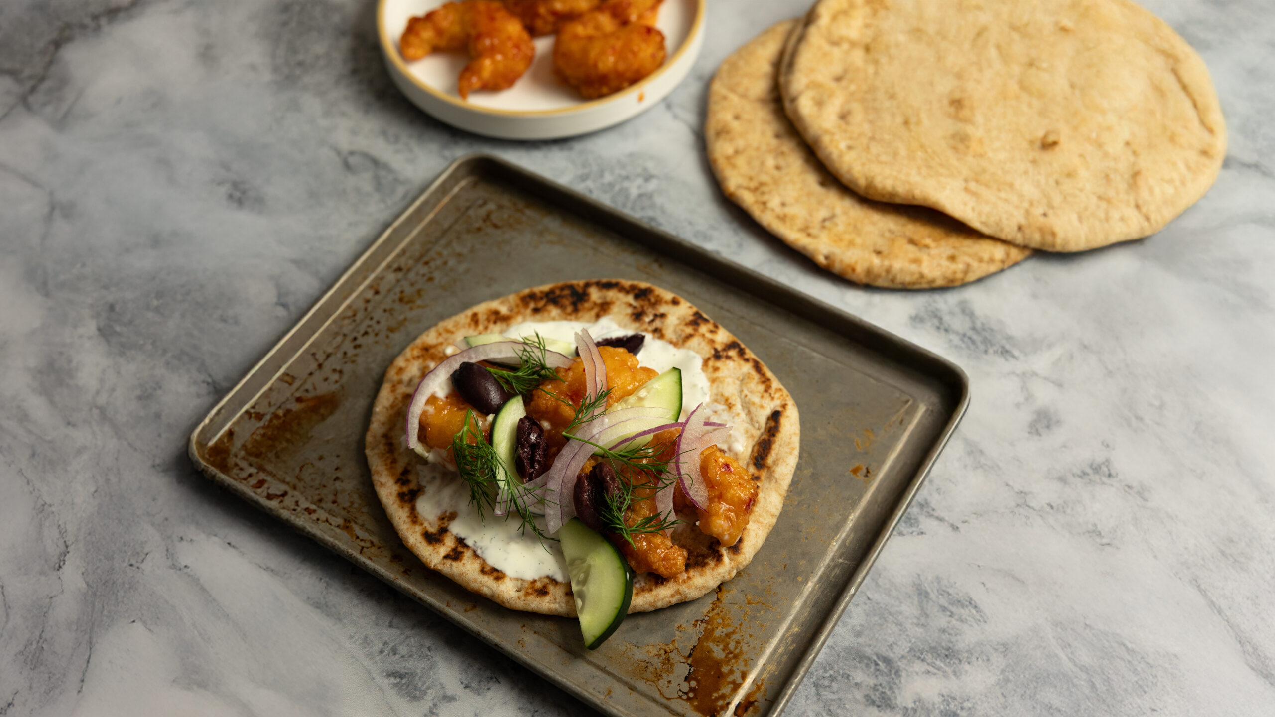 Crispy Shrimp Mediterranean Pitas | Social Kitchens