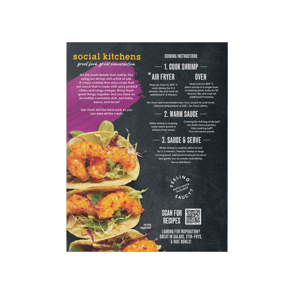 Social Kitchens Crispy Sweet and Spicy Shrimp Back of Package with cooking instructions
