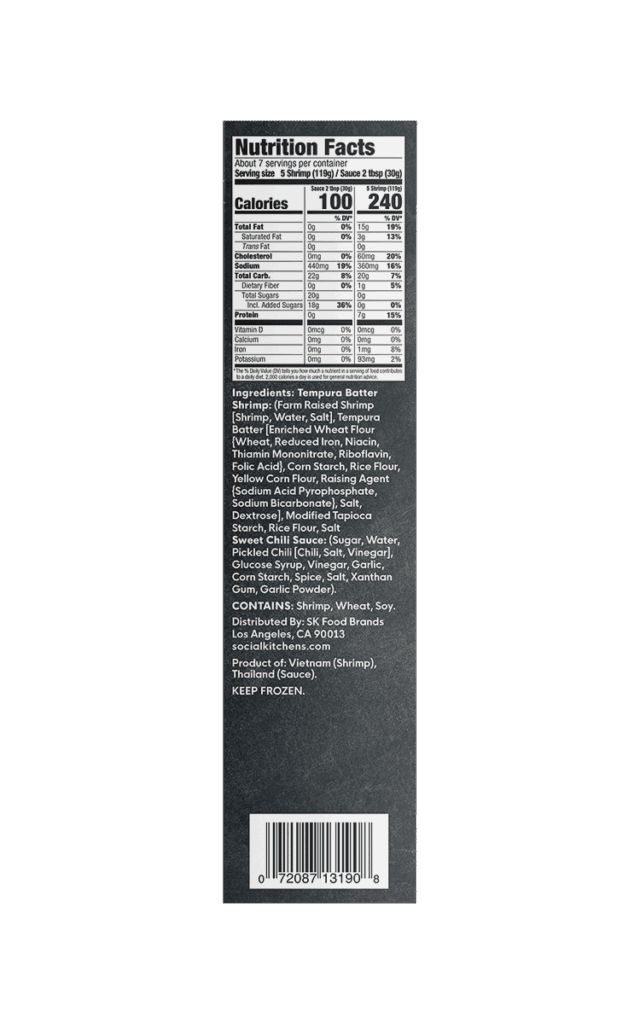 Social Kitchens Crispy Sweet and Spicy Shrimp Side of Package with nutrition facts and ingredient list