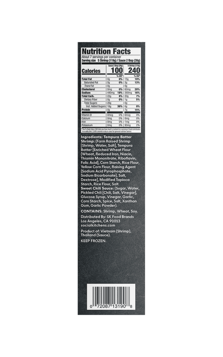 Social Kitchens Crispy Sweet and Spicy Shrimp Side of Package with nutrition facts and ingredient list