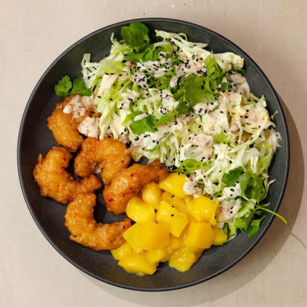 Overhead view of a Crunchy Mango Shrimp Bowl with crisp cabbage, juicy mango, and crunchy shrimp.