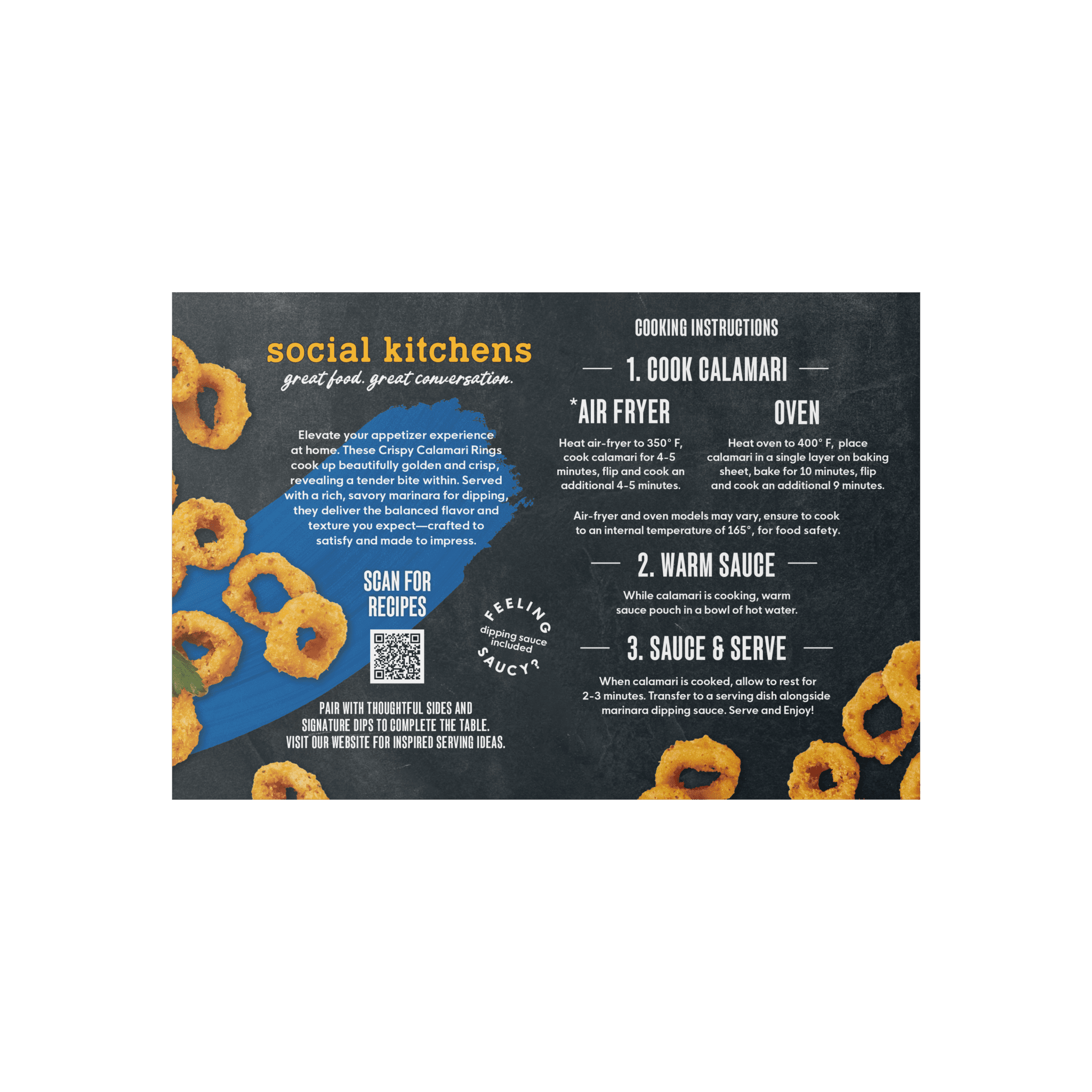 Back panel view of Social Kitchens Breaded Calamari Rings box packaging