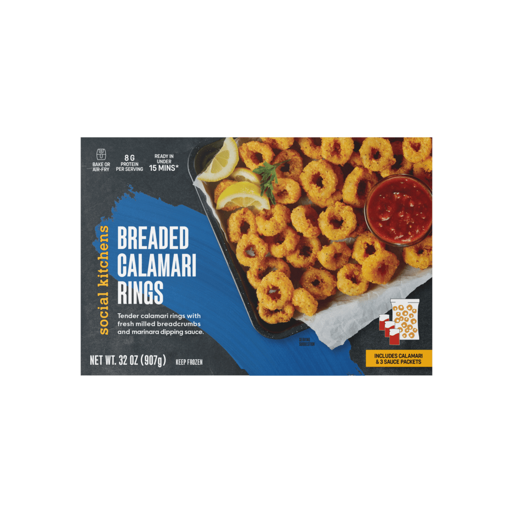 Front panel view of Social Kitchens Breaded Calamari Rings box packaging