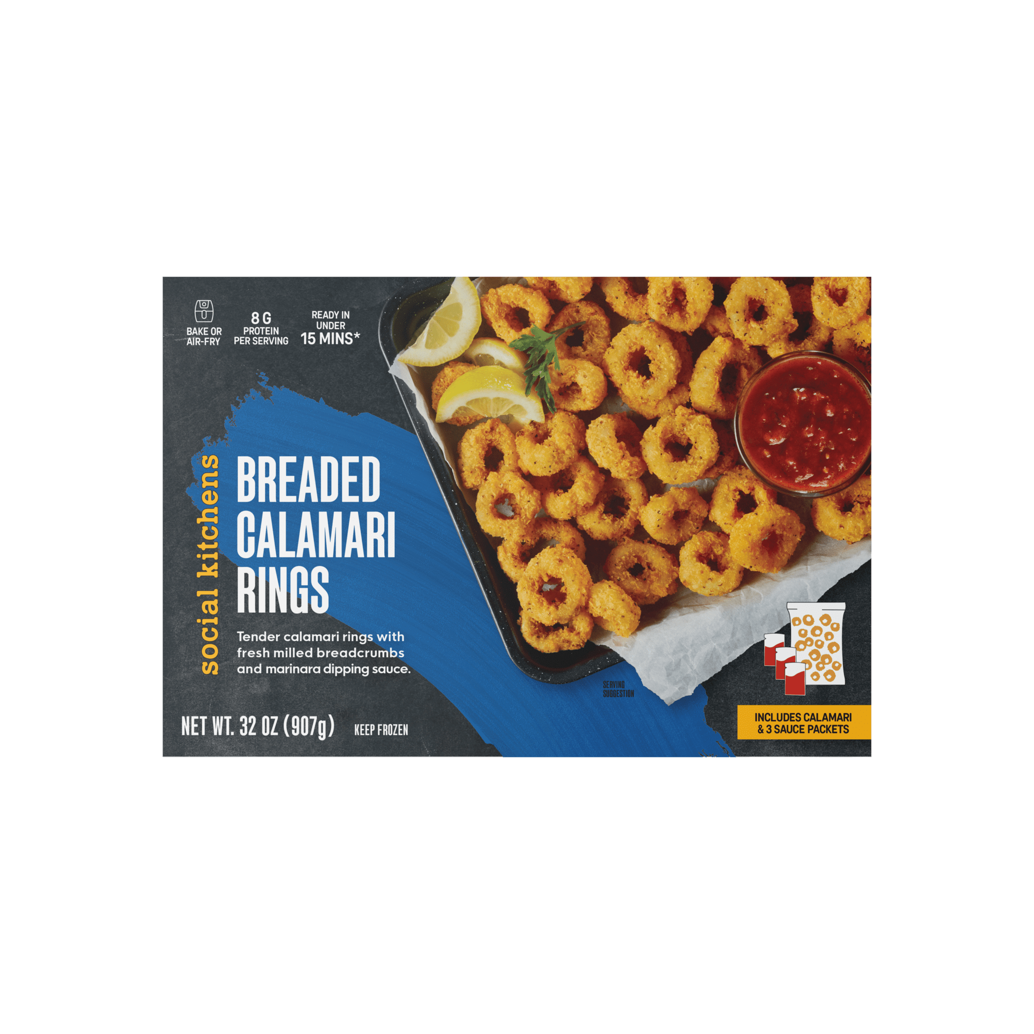Front panel view of Social Kitchens Breaded Calamari Rings box packaging