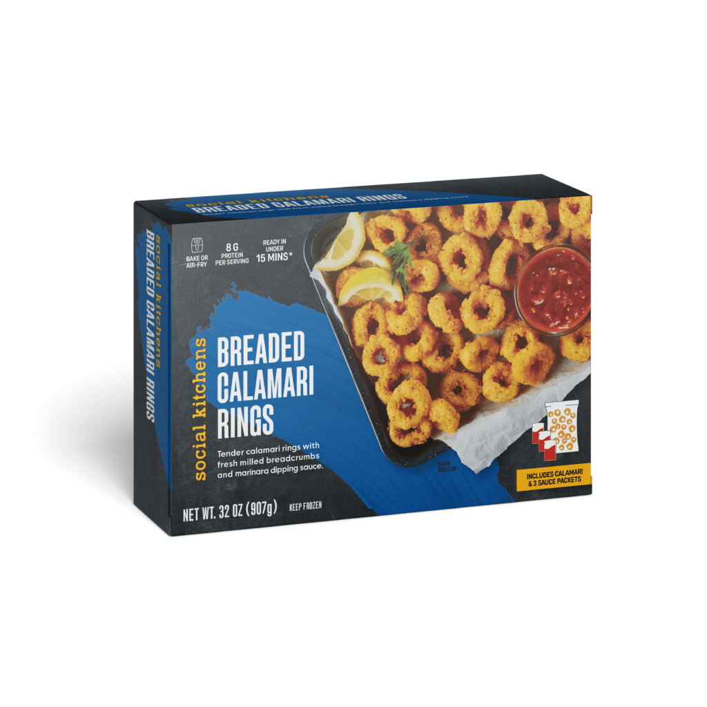 Front angled view of Social Kitchens Breaded Calamari Rings box packaging