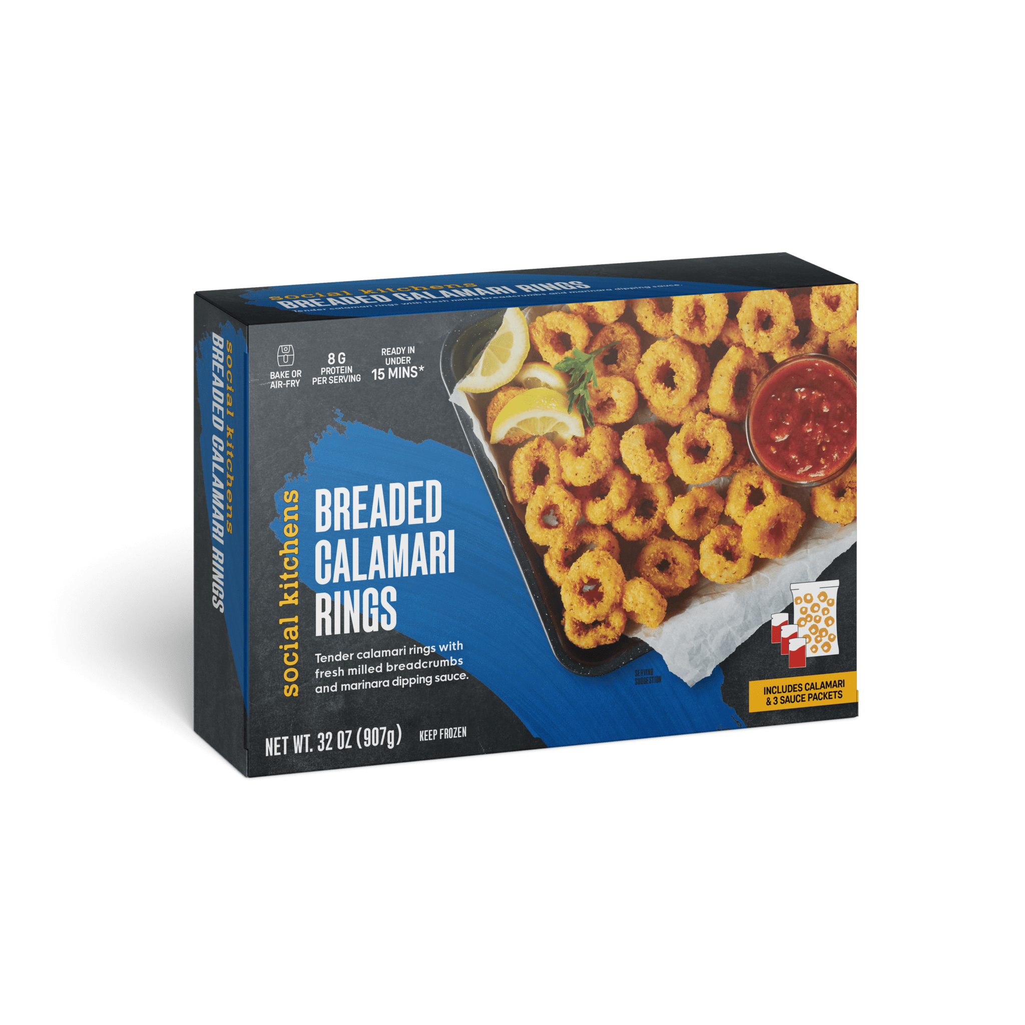 Front angled view of Social Kitchens Breaded Calamari Rings box packaging