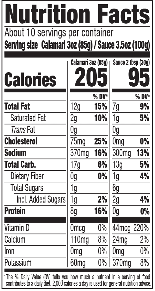 Nutrition Facts panel for Social Kitchens Breaded Calamari Rings