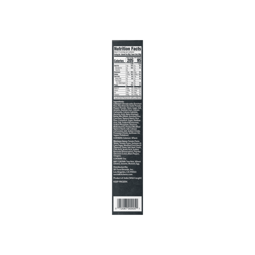Side panel view of Social Kitchens Breaded Calamari Rings box packaging