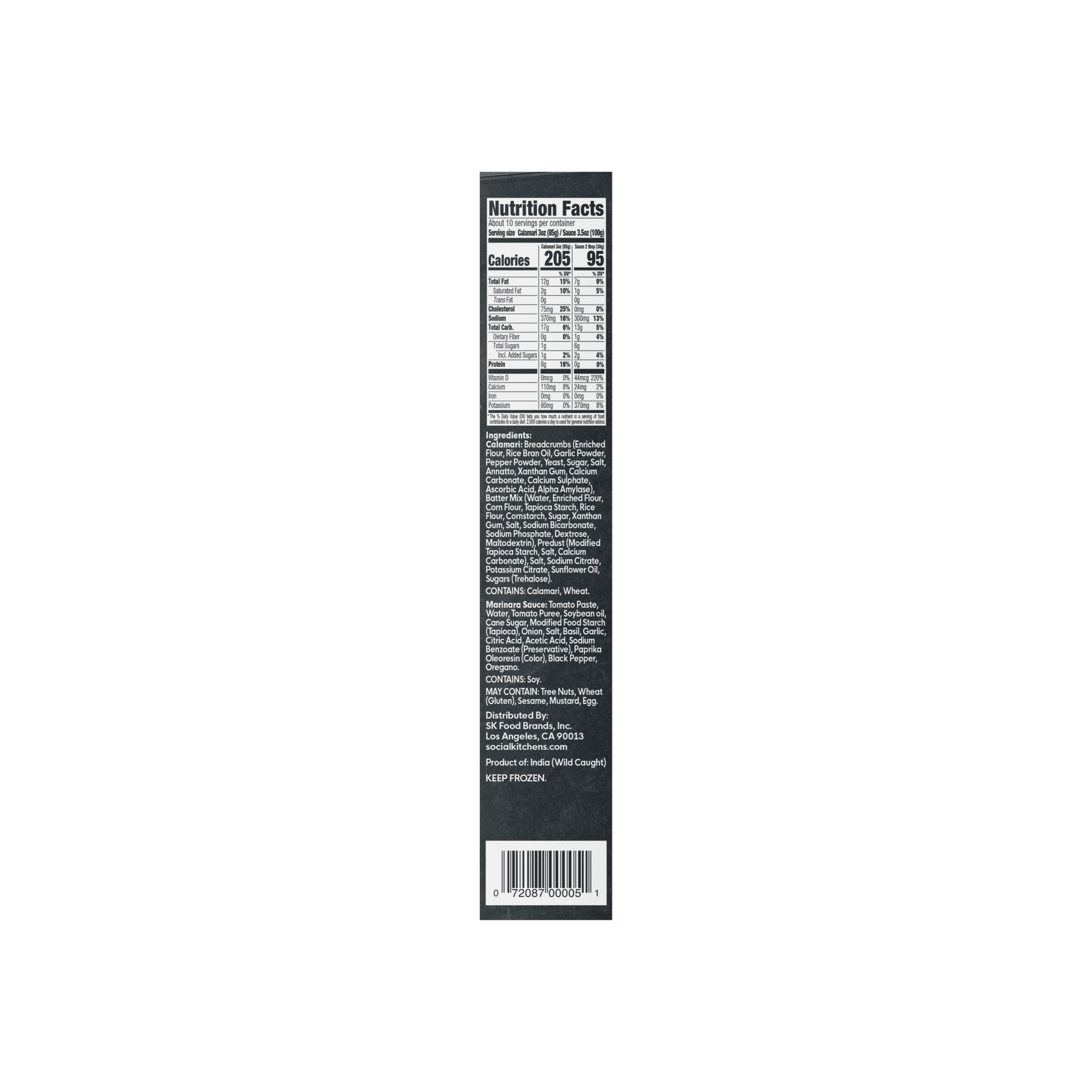 Side panel view of Social Kitchens Breaded Calamari Rings box packaging