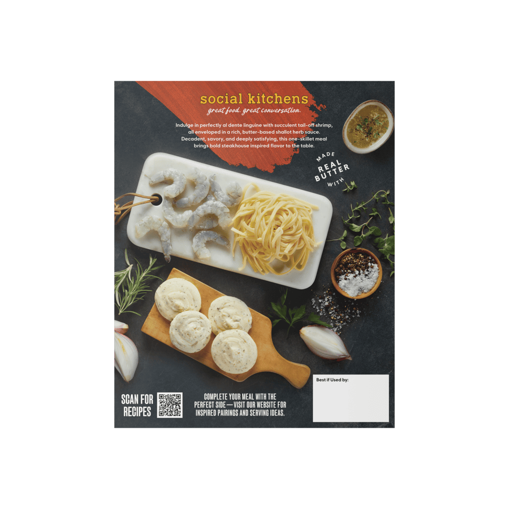 Back packaging of Social Kitchens Steakhouse Shrimp Linguine.