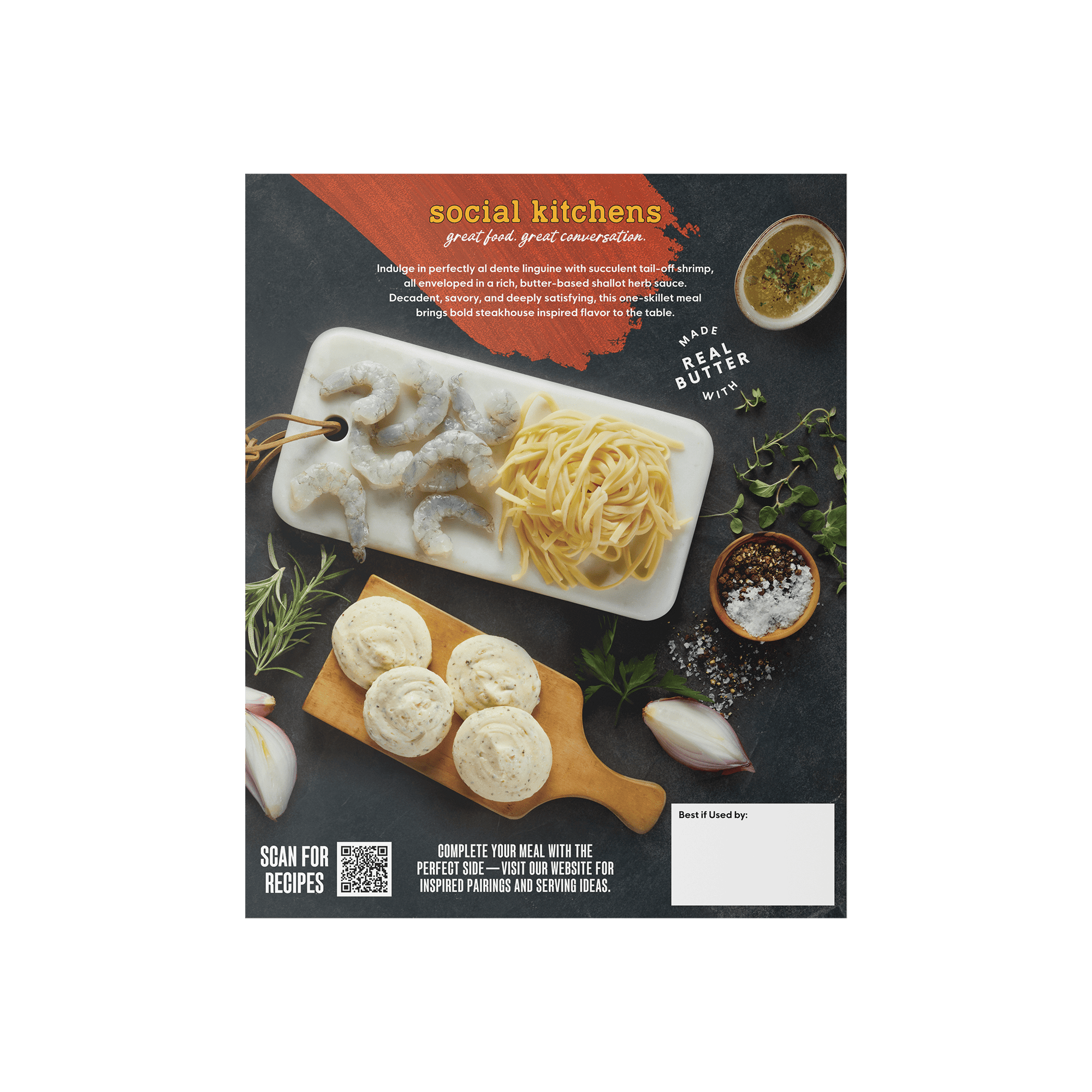 Back packaging of Social Kitchens Steakhouse Shrimp Linguine.