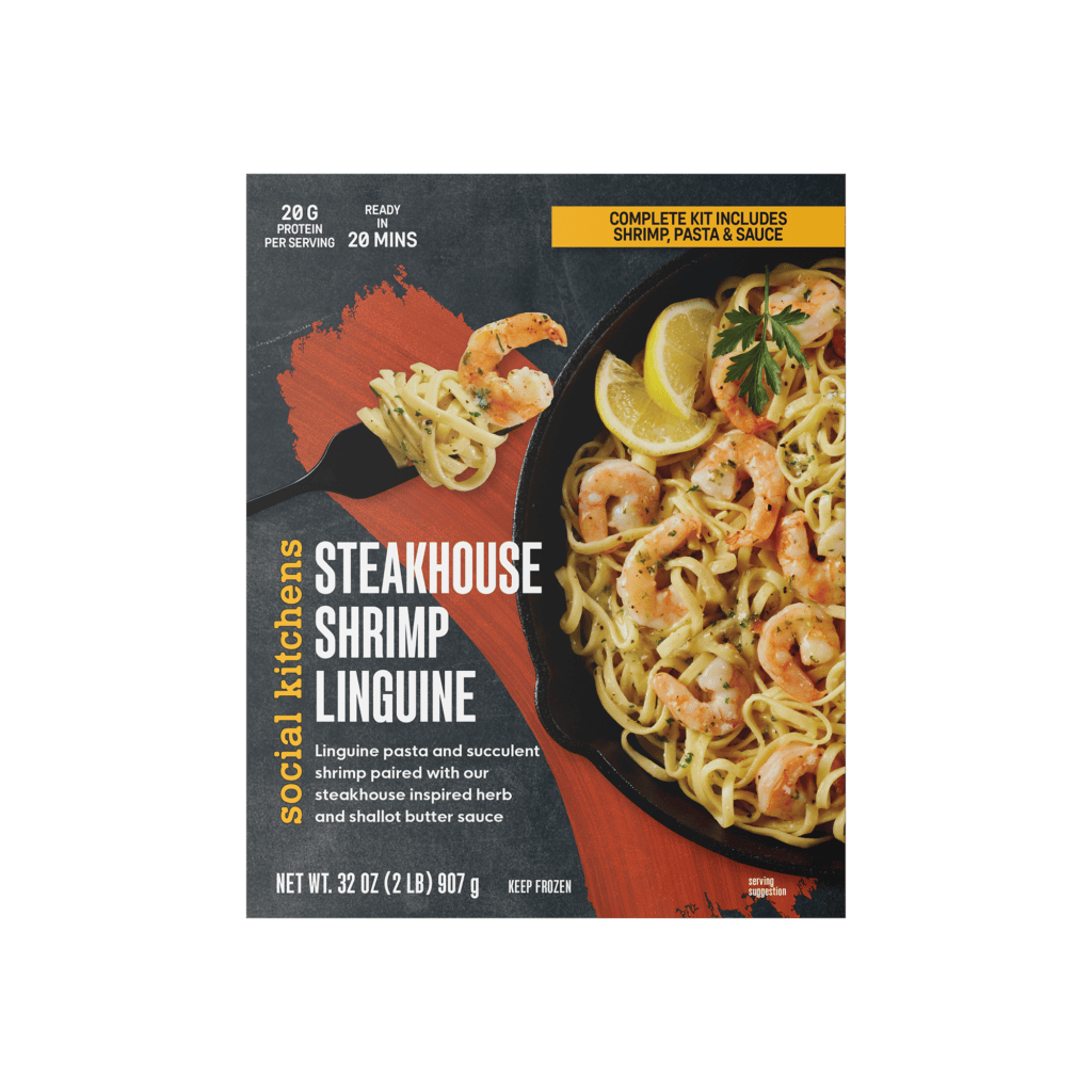 Front packaging of Social Kitchens Steakhouse Shrimp Linguine.