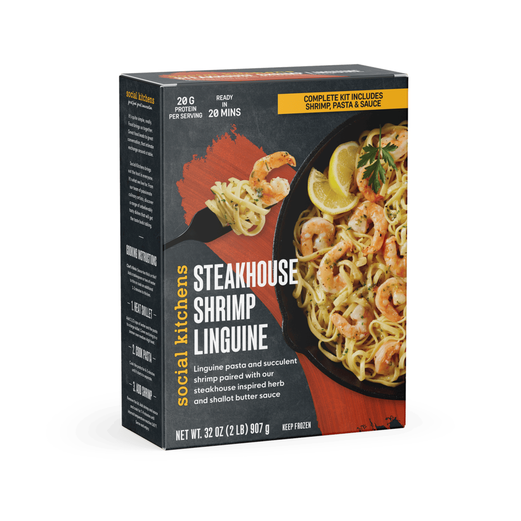 Front angled packaging of Social Kitchens Steakhouse Shrimp Linguine.