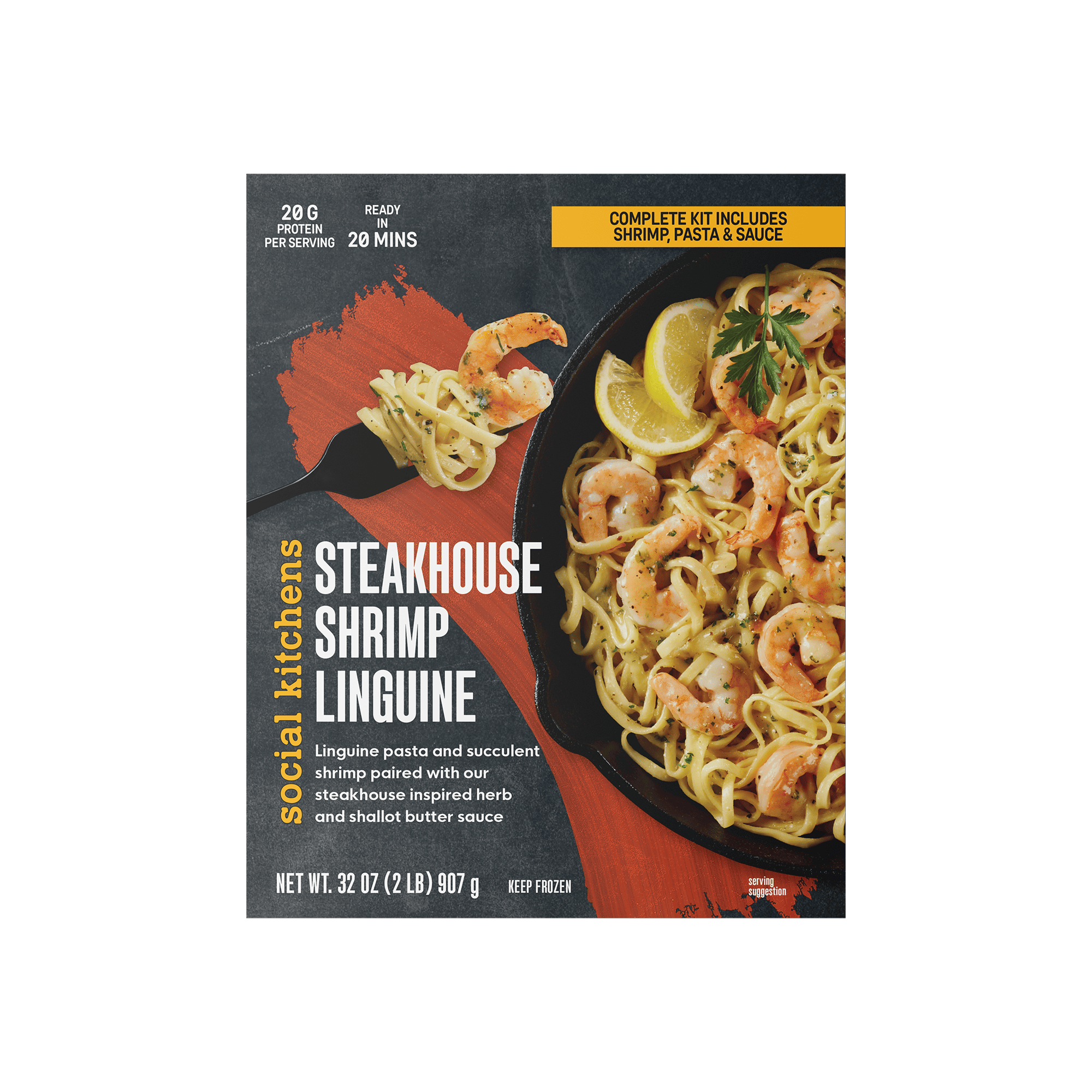Front packaging of Social Kitchens Steakhouse Shrimp Linguine.