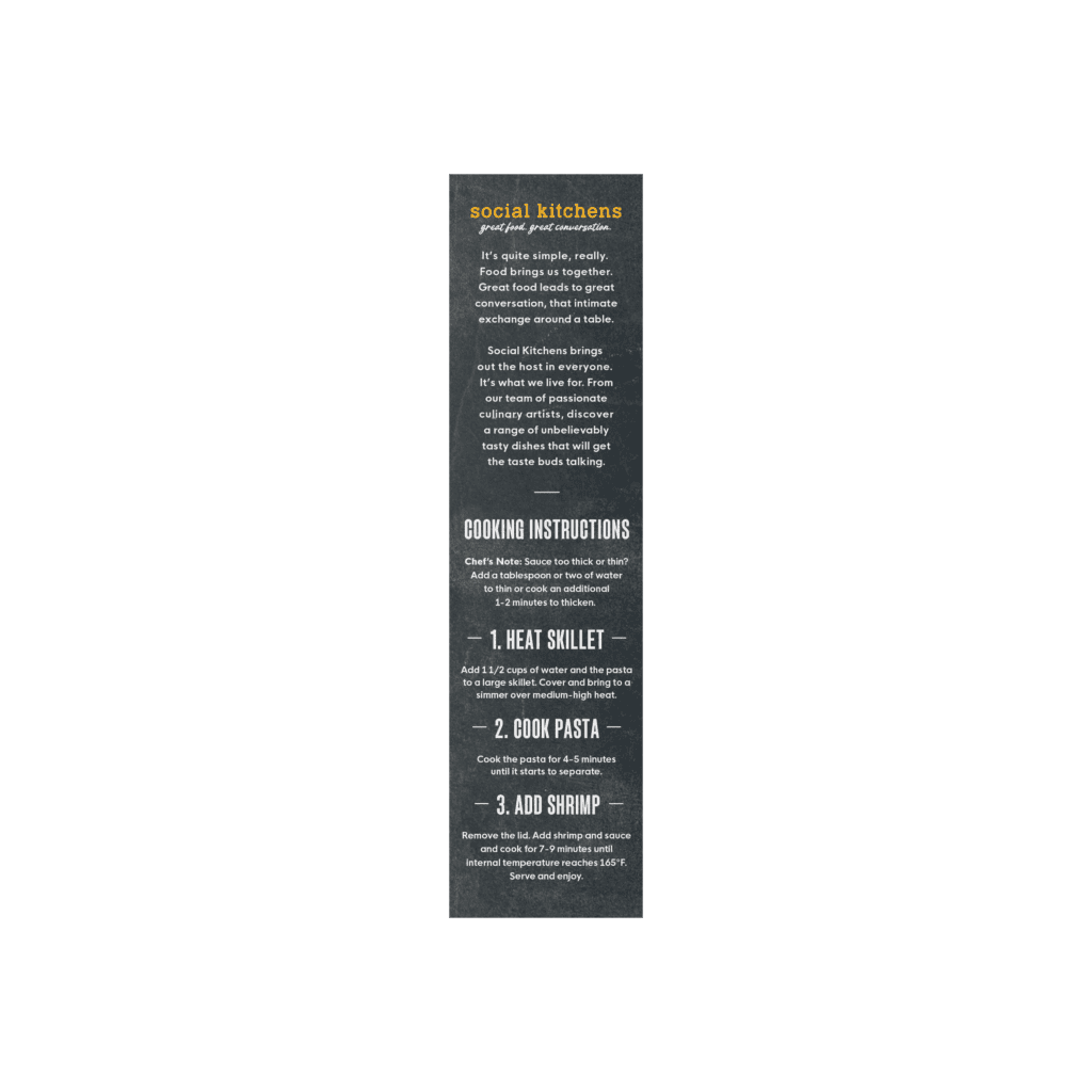 Side panel packaging of Social Kitchens Steakhouse Shrimp Linguine containing brand story and cooking instructions.