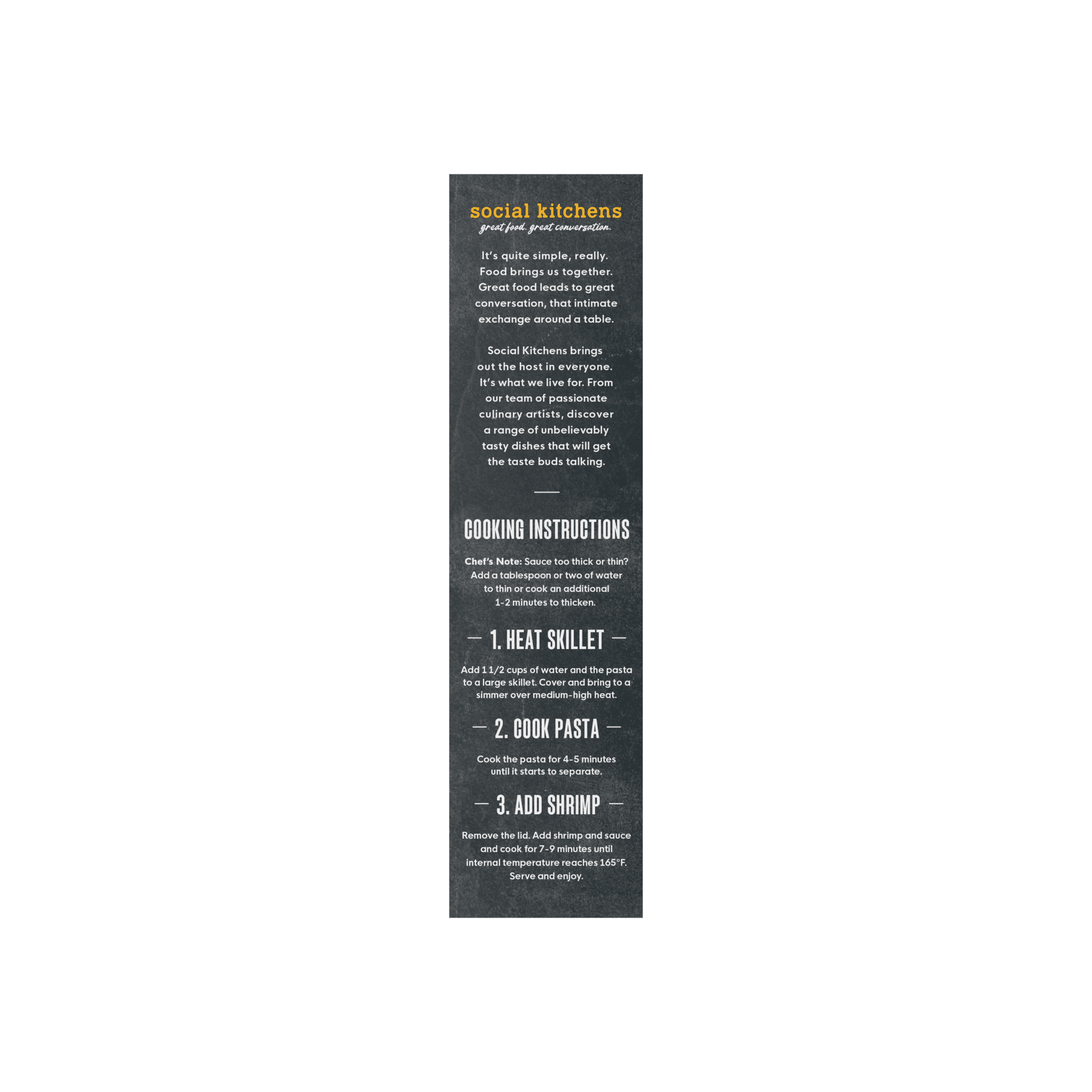 Side panel packaging of Social Kitchens Steakhouse Shrimp Linguine containing brand story and cooking instructions.