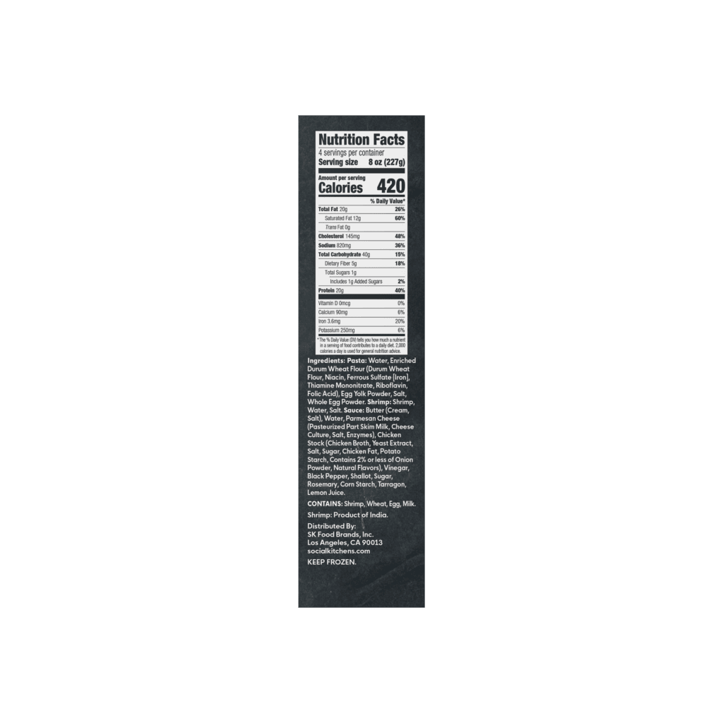 Side panel packaging of Social Kitchens Steakhouse Shrimp Linguine containing nutrition facts panel and ingredient list.