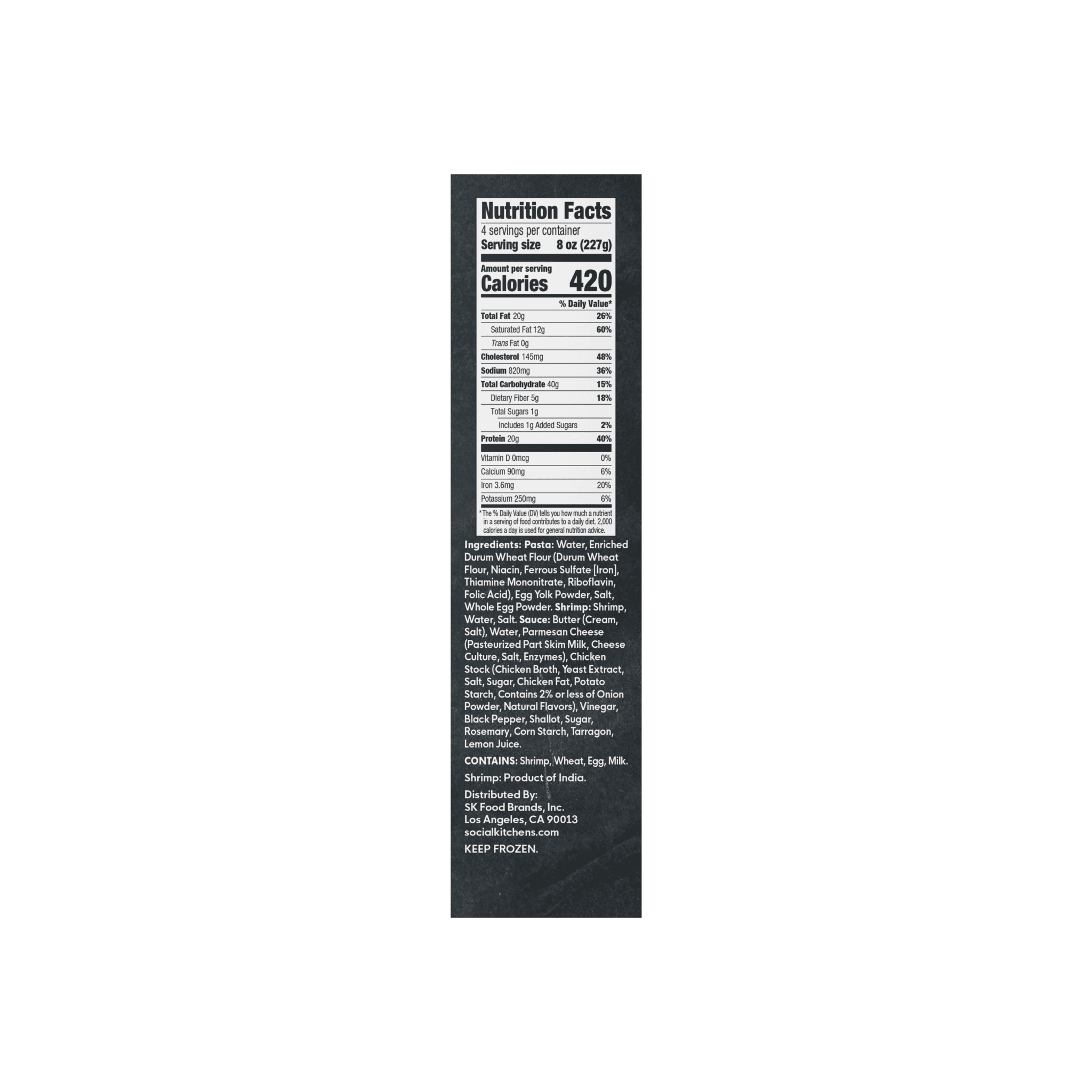 Side panel packaging of Social Kitchens Steakhouse Shrimp Linguine containing nutrition facts panel and ingredient list.