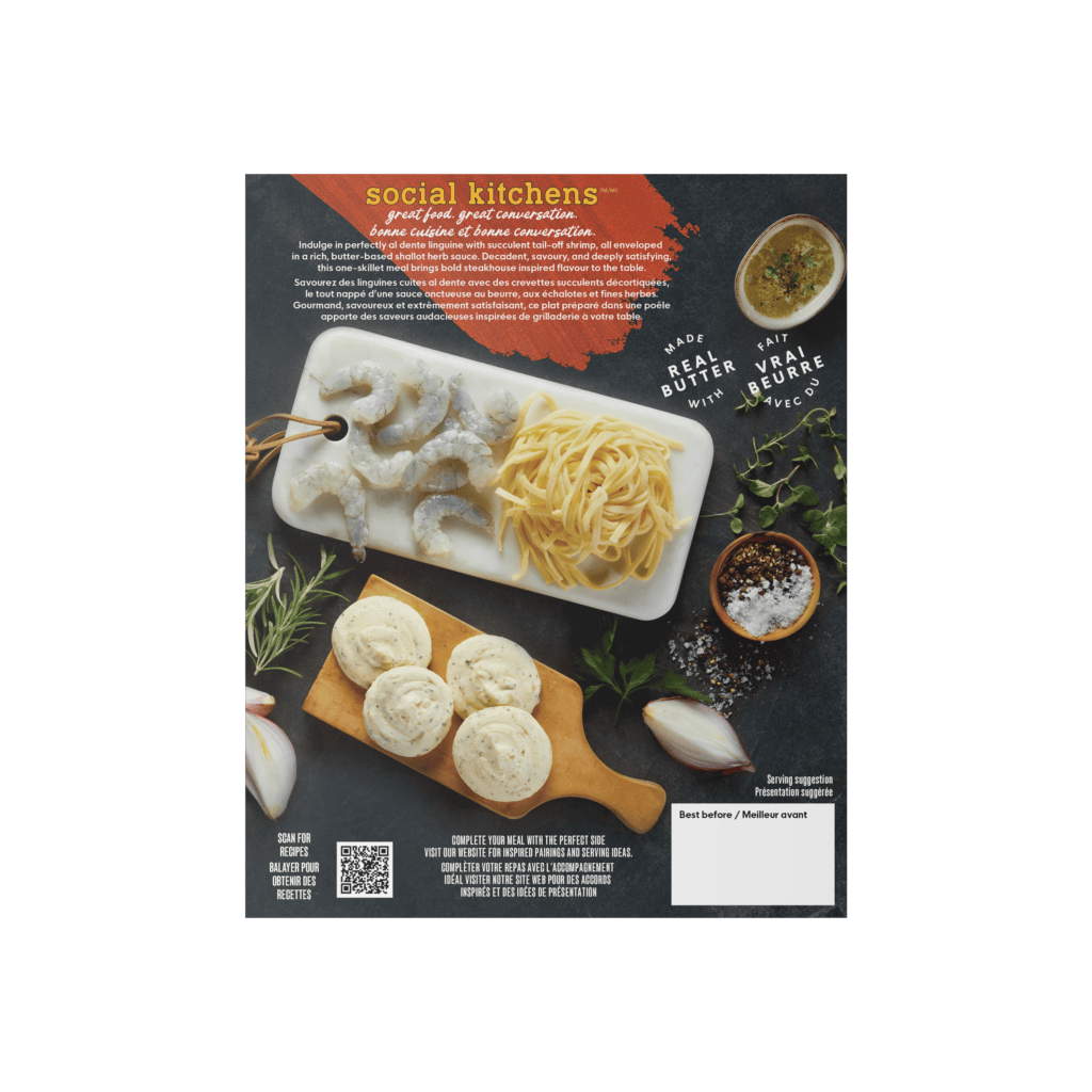 Back packaging of Social Kitchens Steakhouse Shrimp Linguine (Canada) / Linguine aux Crevettes de Grilladerie.