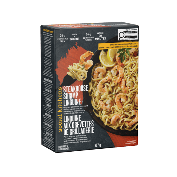 Angled front packaging of Social Kitchens Steakhouse Shrimp Linguine (Canada) / Linguine aux Crevettes de Grilladerie.