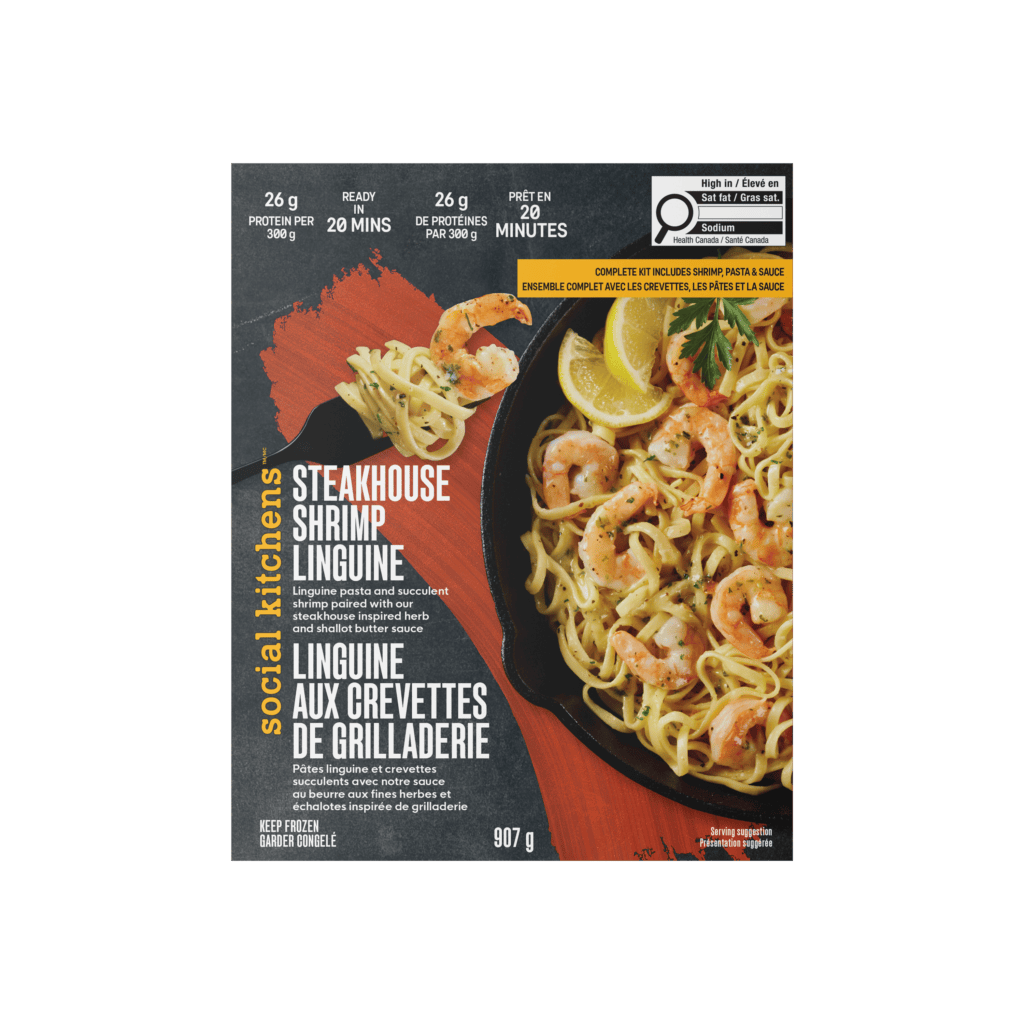 Front packaging of Social Kitchens Steakhouse Shrimp Linguine (Canada) / Linguine aux Crevettes de Grilladerie.