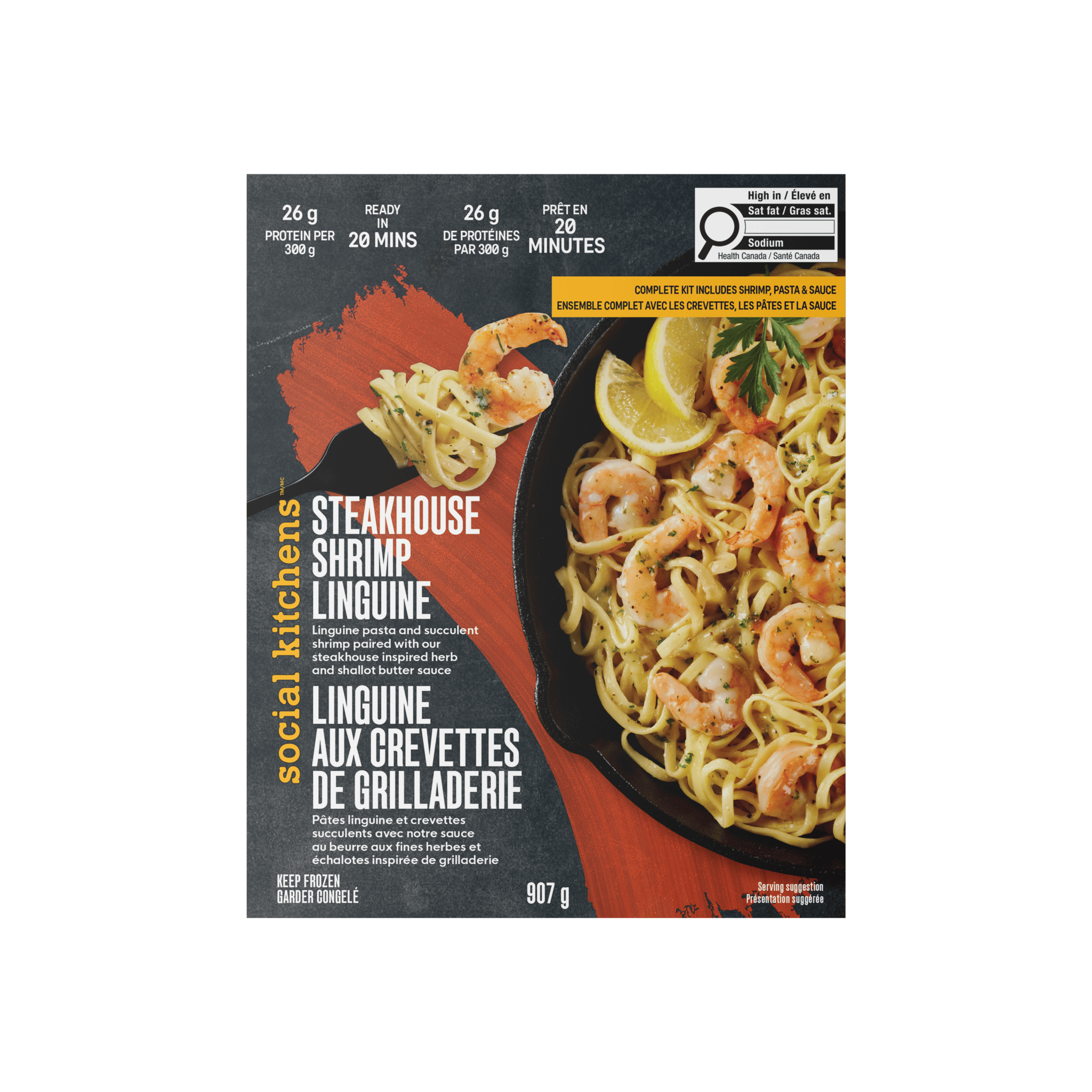 Front packaging of Social Kitchens Steakhouse Shrimp Linguine (Canada) / Linguine aux Crevettes de Grilladerie.