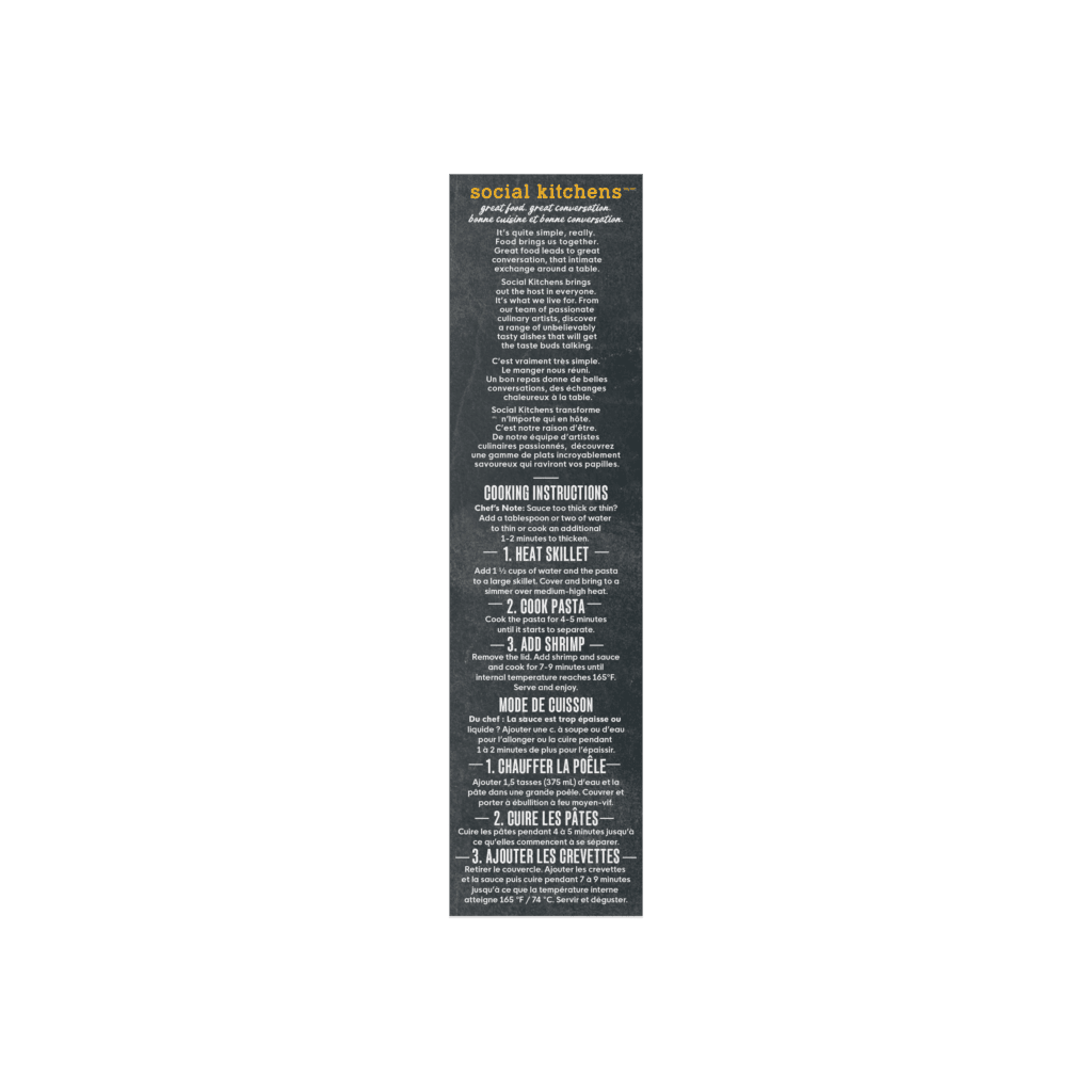 Cooking instructions side panel packaging of Social Kitchens Steakhouse Shrimp Linguine (Canada) / Linguine aux Crevettes de Grilladerie.