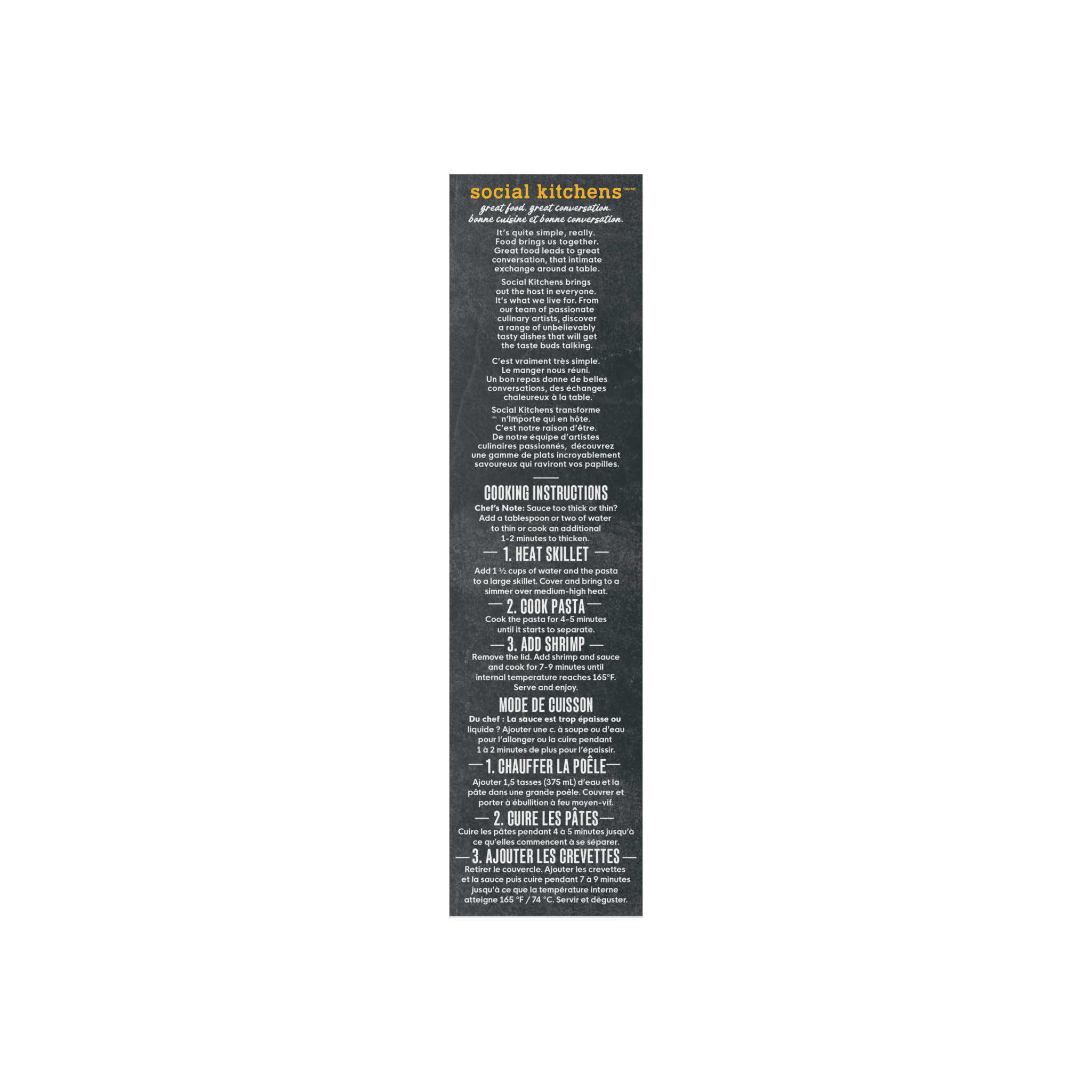 Cooking instructions side panel packaging of Social Kitchens Steakhouse Shrimp Linguine (Canada) / Linguine aux Crevettes de Grilladerie.