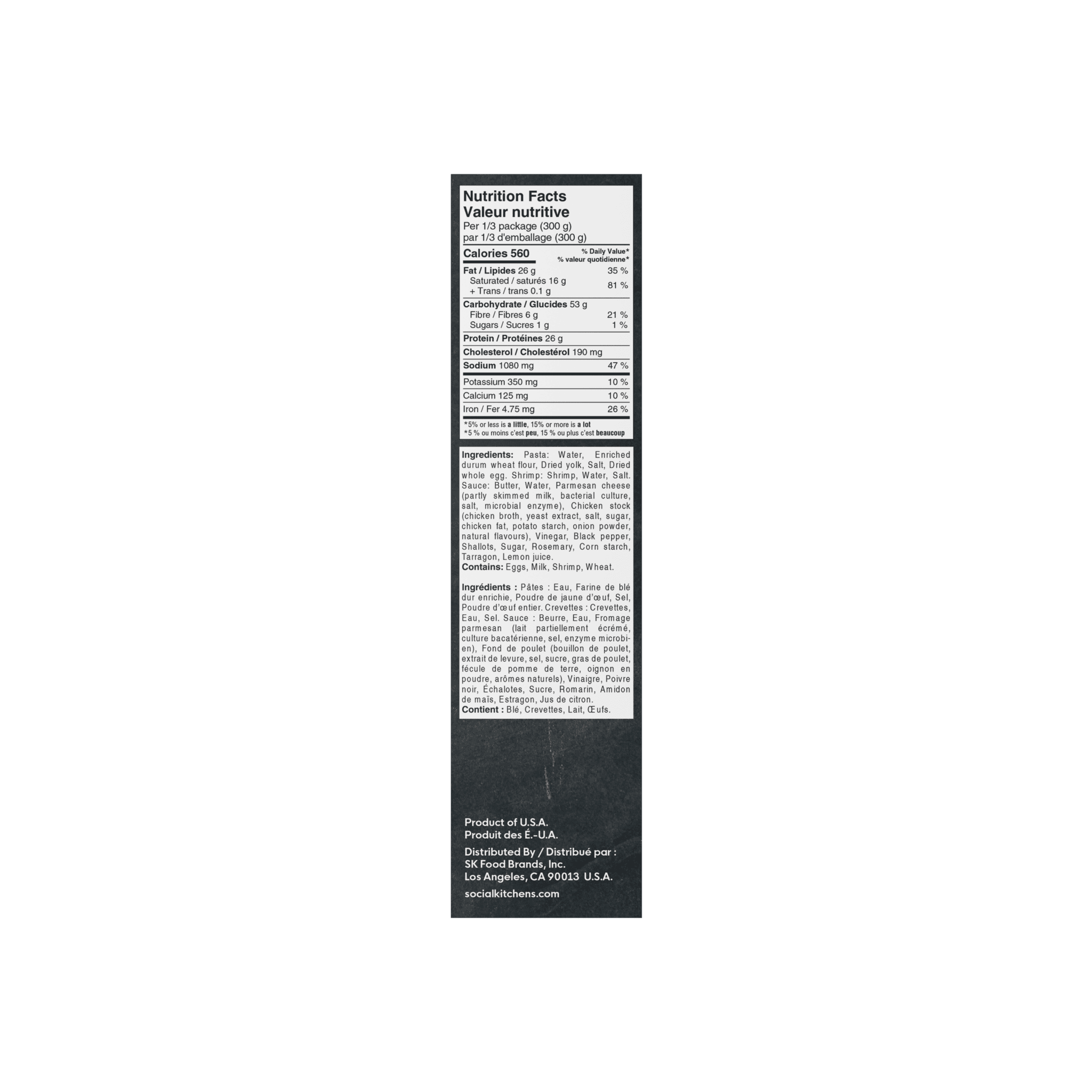 Nutrition Facts side panel packaging of Social Kitchens Steakhouse Shrimp Linguine (Canada) / Linguine aux Crevettes de Grilladerie.